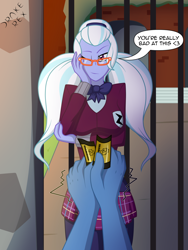 Size: 1500x2000 | Tagged: safe, artist:drake-rex, character:sugarcoat, my little pony:equestria girls, bow tie, breasts, busty sugarcoat, clothing, commission, glasses, looking at you, male, male pov, offscreen character, one eye closed, pleated skirt, pov, rammstein, school uniform, shadowbolts, skirt, text