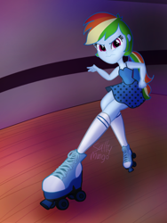 Size: 1500x2000 | Tagged: safe, artist:saltymango, character:rainbow dash, my little pony:equestria girls, alternate clothes, alternate hairstyle, annoyed, converse, female, looking at you, roller skates, shoes, solo