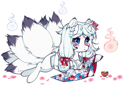 Size: 1504x1043 | Tagged: safe, artist:kitten-in-the-jar, oc, species:pony, clothing, female, food, horns, kimono (clothing), kitsune pony, mare, prone, simple background, solo, tea, transparent background, will o' the wisp