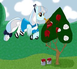 Size: 1200x1077 | Tagged: safe, artist:phasingirl, species:pegasus, species:pony, alice, alice in wonderland, bow, clothing, dress, flower, mouth hold, paint, paintbrush, ponified, ribbon, rose, shoes, socks, solo, tail bow, tree