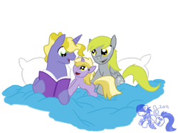 Size: 900x675 | Tagged: safe, artist:cosmic-rust, character:derpy hooves, character:dinky hooves, character:ponet, species:pegasus, species:pony, species:unicorn, bed, book, father and child, father and daughter, female, filly, male, mare, mother and child, mother and daughter, ponetderp, shipping, simple background, stallion, straight, transparent background