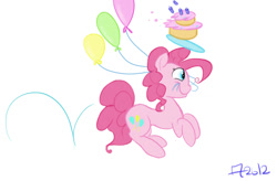 Size: 1366x896 | Tagged: safe, artist:cosmic-rust, character:pinkie pie, 2012, balloon, cake, food, pronking, simple background