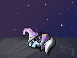Size: 900x675 | Tagged: safe, artist:cosmic-rust, character:trixie, species:pony, cowering, female, night, scared, sky, solo