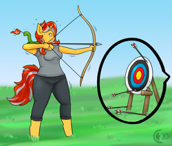 Size: 1949x1663 | Tagged: safe, artist:chocend, oc, oc only, oc:cinderheart, species:anthro, species:pony, species:unguligrade anthro, species:unicorn, archery, arrow, bow, cheering, clothing, commission, female, flag, grass, gritted teeth, practice, shading, shirt, sky, snake, solo, sweat, t-shirt, target, trembling