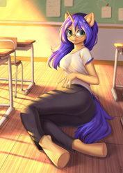 Size: 2894x4093 | Tagged: safe, alternate version, artist:hikerumin, oc, oc only, oc:logical leap, species:anthro, species:pony, species:unguligrade anthro, species:unicorn, anthro oc, clothing, desk, female, glasses, hairband, mare, pants, school, shirt, solo, sunlight, t-shirt, ych result