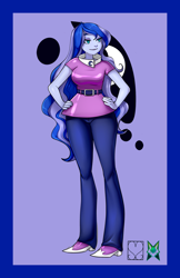 Size: 828x1280 | Tagged: safe, artist:srasomeone, part of a set, character:princess luna, character:vice principal luna, my little pony:equestria girls, breasts, busty princess luna, cutie mark background, female, hands on hip, latex, lavender background, shiny, solo, vice principal luna