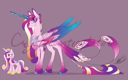Size: 1280x805 | Tagged: safe, artist:crystalcontemplator, character:princess cadance, species:alicorn, species:pony, alternate design, chest fluff, cloven hooves, colored hooves, colored wings, colored wingtips, crystal horn, ear fluff, feather, feathered fetlocks, female, fluffy, gray background, horn, leg fluff, leonine tail, looking at you, mare, multicolored wings, neck fluff, obtrusive watermark, peacock feathers, peacock tail, signature, simple background, smiling, solo, tail feathers, unshorn fetlocks, watermark, wing fluff, wings