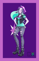 Size: 828x1280 | Tagged: safe, alternate version, artist:srasomeone, part of a set, character:starlight glimmer, my little pony:equestria girls, beanie, breasts, busty starlight glimmer, clothing, cutie mark background, female, grin, hands on hip, hat, high heels, jacket, latex, purple background, ripped jeans, shiny, shirt, shoes, simple background, smiling, solo, watch, wristwatch
