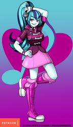 Size: 576x1000 | Tagged: safe, artist:srasomeone, character:sonata dusk, my little pony:equestria girls, blue background, boots, breasts, busty sonata dusk, clothing, cutie mark background, female, gem, gradient background, hand on hip, jacket, latex, looking at you, microphone, patreon, platform shoes, pose, purple background, raised leg, shiny, shoes, simple background, siren gem, skirt, smiling, smirk, solo, spiked wristband, watermark, wristband
