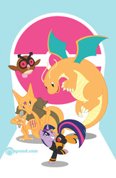 Size: 522x800 | Tagged: safe, artist:alienfirst, character:twilight sparkle, crossover, dragonite, hoothoot, kadabra, pokémon