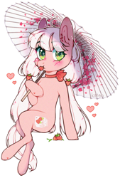 Size: 955x1412 | Tagged: safe, artist:kitten-in-the-jar, oc, oc only, oc:truskaweczka, species:earth pony, species:pony, female, food, mare, outline, simple background, solo, strawberry, transparent background, umbrella, white outline