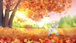 Size: 4000x2248 | Tagged: safe, artist:patchnpaw, character:derpy hooves, species:pegasus, species:pony, autumn, female, high res, leaves, lens flare, mare, nature, running, solo, tree, wallpaper