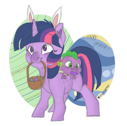 Size: 1280x1268 | Tagged: safe, artist:poowndraww, character:spike, character:twilight sparkle, character:twilight sparkle (unicorn), species:dragon, species:pony, species:unicorn, baby, baby spike, basket, blank flank, bunny ears, cute, duo, ear fluff, easter, easter basket, easter bunny, easter egg, female, filly, filly twilight sparkle, holiday, male, mouth hold, smiling, sparkle siblings, spikabetes, twiabetes, younger