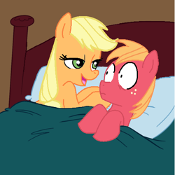 Size: 500x499 | Tagged: safe, artist:jcking101, artist:madmax, edit, editor:rozyfly10, character:applejack, character:big mcintosh, species:earth pony, species:pony, ship:applemac, aftersex, applecest, bed, bedroom, bedroom eyes, brother and sister, edited edit, female, incest, male, mare, pillow, shipping, siblings, stallion