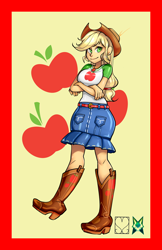 Size: 828x1280 | Tagged: safe, artist:srasomeone, part of a set, character:applejack, my little pony:equestria girls, apple, applejack's hat, belt, boots, breasts, busty applejack, clothing, cowboy hat, crossed arms, cutie mark background, denim skirt, female, food, geode of super strength, hair tie, hat, latex, looking at you, magical geodes, ponytail, raised foot, shiny, shirt, shoes, simple background, skirt, smiling, solo, yellow background