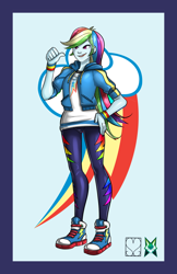 Size: 828x1280 | Tagged: safe, alternate version, artist:srasomeone, part of a set, character:rainbow dash, my little pony:equestria girls, blue background, clothing, converse, cutie mark, cutie mark background, cutie mark on clothes, female, hand on hip, hoodie, jacket, latex, leggings, looking offscreen, open mouth, shiny, shirt, shoes, simple background, smiling, sneakers, solo, thumbs up, wristband