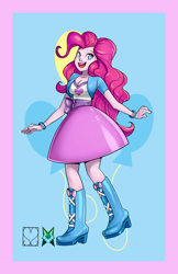 Size: 828x1280 | Tagged: safe, artist:srasomeone, part of a set, character:pinkie pie, my little pony:equestria girls, blue background, boots, bow, bracelet, breasts, busty pinkie pie, cleavage, clothing, cutie mark background, female, jacket, jewelry, latex, looking at you, open mouth, raised foot, shiny, shirt, shoes, simple background, skirt, smiling, solo, waistband