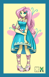 Size: 828x1280 | Tagged: safe, artist:srasomeone, part of a set, character:fluttershy, my little pony:equestria girls, bow, breasts, busty fluttershy, butterfly, clothing, cutie mark background, dress, female, geode of fauna, hairclip, hand on arm, latex, looking at you, magical geodes, sandals, shiny, simple background, smiling, solo, waistband, yellow background