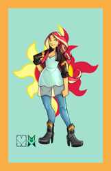 Size: 828x1280 | Tagged: safe, alternate version, artist:srasomeone, part of a set, character:sunset shimmer, my little pony:equestria girls, blue background, boots, breasts, cleavage, clothing, cutie mark background, female, hand on hip, high heel boots, jacket, latex, leather jacket, leggings, looking at you, shiny, shoes, simple background, smiling, solo