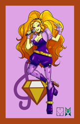 Size: 828x1280 | Tagged: safe, alternate version, artist:srasomeone, part of a set, character:adagio dazzle, my little pony:equestria girls, belt, bolero jacket, boots, breasts, busty adagio dazzle, cleavage, clothing, cutie mark background, female, fingerless gloves, gem, gloves, headband, high heel boots, latex, leggings, microphone, pink background, raised leg, romper, shiny, shoes, simple background, singing, siren gem, solo, spiked belt, spiked headband