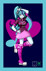 Size: 828x1280 | Tagged: safe, alternate version, artist:srasomeone, part of a set, character:sonata dusk, my little pony:equestria girls, boots, breasts, busty sonata dusk, clothing, cutie mark background, female, gem, hand on hip, jacket, latex, looking at you, microphone, navy blue background, platform shoes, pose, raised leg, shiny, shoes, simple background, siren gem, skirt, smiling, smirk, solo, spiked wristband, wristband