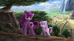 Size: 1920x1080 | Tagged: safe, artist:anttosik, character:berry punch, character:berryshine, character:piña colada, cloud, mountain, ponyville, rock, sky, tree