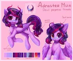 Size: 2941x2480 | Tagged: safe, artist:hikerumin, oc, oc only, species:demon pony, species:pegasus, species:pony, chest fluff, cutie mark, demon, ethereal mane, female, galaxy mane, heterochromia, horns, jewelry, looking at you, mare, original species, pendant, reference, reference sheet, tongue out
