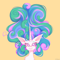 Size: 4000x4000 | Tagged: safe, artist:jun1313, character:princess celestia, species:pony, absurd resolution, bust, chest fluff, cute, cutelestia, ear fluff, female, flowy mane, heart eyes, huge mane, mare, portrait, simple background, smiling, solo, wingding eyes, yellow background