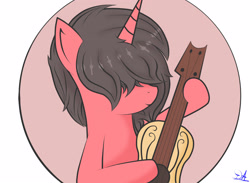 Size: 2800x2055 | Tagged: safe, artist:drawalaverr, oc, species:pony, species:unicorn, bust, covered eyes, female, guitar, high res, mare, musical instrument, playing instrument, portrait, smiling, solo