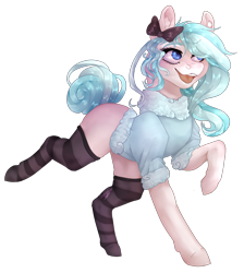 Size: 1800x2005 | Tagged: safe, artist:copshop, oc, oc only, species:earth pony, species:pony, bow, clothing, ear fluff, female, hair bow, mare, simple background, socks, solo, striped socks, sweater, transparent background