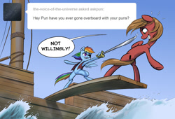 Size: 1176x800 | Tagged: safe, artist:almaska, character:rainbow dash, oc, oc:pun, species:pony, ask pun, ask, bipedal, pirate dash, ship, sword, walking the plank, weapon