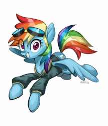 Size: 1400x1625 | Tagged: safe, artist:azamiii, character:rainbow dash, species:pegasus, species:pony, bomber jacket, clothing, cute, dashabetes, female, flying, jacket, looking at you, simple background, solo, spread wings, white background, wings