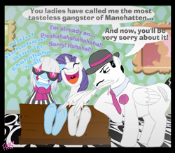 Size: 778x681 | Tagged: safe, artist:fr-13, character:photo finish, character:rarity, clothing, crossover, don turtelli, feather, fedora, gangster, hat, hoof fetish, hoof tickling, hooves, manehattan, ponified, stocks, teenage mutant ninja turtles, tickle torture, tickling