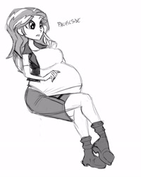 Size: 1280x1600 | Tagged: safe, artist:riddleaellinea, character:sunset shimmer, my little pony:equestria girls, belly, big belly, big breasts, breasts, busty sunset shimmer, crossed legs, monochrome, preggo shimmer, pregnant, pregnant equestria girls, simple background, sitting, sunset preggers, tight clothing, white background, wide eyes