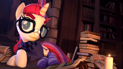 Size: 1920x1080 | Tagged: safe, artist:owlpirate, character:moondancer, species:pony, species:unicorn, 3d, book, bookshelf, candle, clothing, cute, dancerbetes, female, glasses, mare, smiling, socks, solo, source filmmaker, striped socks