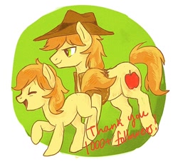 Size: 600x545 | Tagged: safe, artist:nyonhyon, character:braeburn, species:pony, braebetes, colt, cute, duality, eyes closed, male, open mouth, ponidox, raised hoof, self ponidox, smiling, tumblr, walking, younger