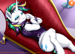 Size: 1280x913 | Tagged: safe, artist:conrad-hauser, character:rarity, species:pony, species:unicorn, alternate hairstyle, bedroom eyes, blushing, chest fluff, fainting couch, female, frog (hoof), hoofbutt, looking at you, makeup, mare, patreon, patreon logo, punk, punkity, solo, spiked wristband, underhoof, wristband