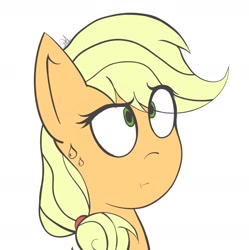 Size: 1508x1512 | Tagged: safe, artist:drawalaverr, character:applejack, species:earth pony, species:pony, bust, eye clipping through hair, female, looking up, mare, portrait, simple background, solo, uncomfortable, white background