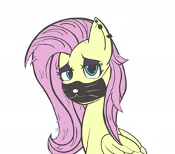 Size: 1822x1606 | Tagged: safe, artist:drawalaverr, character:fluttershy, species:pegasus, species:pony, :3, coronavirus, covid-19, ear piercing, earring, emo, eyeshadow, female, fluttergoth, goth, jewelry, makeup, mare, mask, piercing, ppe, simple background, solo, surgical mask, white background