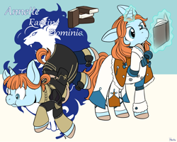 Size: 1280x1024 | Tagged: safe, artist:housho, species:pony, species:unicorn, annette fantine dominic, book, clothing, female, fire emblem, fire emblem: three houses, magic, magic aura, mare, ponified, reading, tripping