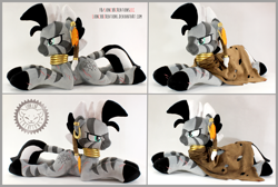 Size: 2712x1819 | Tagged: safe, artist:lioncubcreations, oc, oc:xenith, species:pony, species:zebra, fallout equestria, braid, clothing, coat, commission, determined, ear piercing, earring, fanfic art, feather, jewelry, neck rings, photo, piercing, plushie, scar, solo, stripes