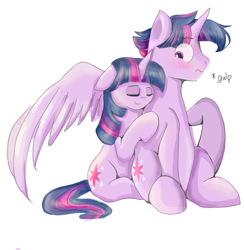 Size: 1581x1613 | Tagged: safe, artist:wimple, character:twilight sparkle, character:twilight sparkle (alicorn), character:twilight sparkle (unicorn), oc:dusk shine, species:alicorn, species:pony, species:unicorn, blushing, cute, duskabetes, dusktwi, eyes closed, female, male, mare, ponidox, rule 63, rule63betes, self ponidox, selfcest, shipping, simple background, sitting, smiling, stallion, straight, wavy mouth, white background