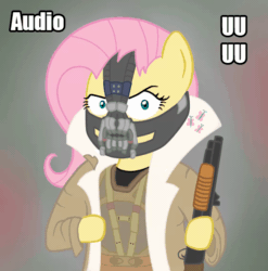 Size: 564x572 | Tagged: safe, artist:fluttershyfree, character:applejack, character:fluttershy, character:pinkie pie, character:rainbow dash, character:rarity, character:twilight sparkle, aivo, animated, avo, bane, baneposting, clothing, cosplay, costume, female, fifteen.ai, gun, parody, pony preservation project, shotgun, sound, sound only, the dark knight rises, weapon, webm
