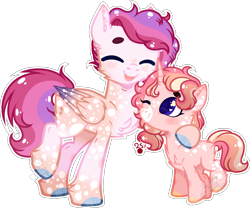 Size: 1753x1457 | Tagged: safe, artist:sh3llysh00, base used, oc, oc only, parents:pinkielestia, species:pegasus, species:pony, species:unicorn, brother and sister, chest fluff, eyes closed, female, filly, hug, male, one eye closed, outline, siblings, simple background, stallion, transparent background, white outline