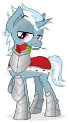Size: 1833x3272 | Tagged: safe, artist:zutheskunk oc commissions, oc, oc:ice storm, species:pony, species:unicorn, armor, clothing, commission, flower, flower in mouth, horn, male, rose, rose in mouth, royal cape, simple background, solo, solo male, transparent background, unicorn oc, vector