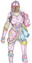 Size: 894x1756 | Tagged: safe, artist:thegloriesbigj, character:pinkie pie, species:human, armor, crossover, female, humanized, mandalorian, party cannon, simple background, solo, star wars, traditional art, white background