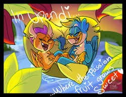 Size: 1700x1300 | Tagged: safe, artist:g-elric, character:gallus, character:smolder, species:dragon, species:griffon, cute, disney, female, gallabetes, leaf, lion king 2 simba's pride, male, shipping, smolderbetes, smollus, straight, the lion king