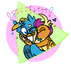 Size: 1159x1064 | Tagged: safe, artist:g-elric, character:gallus, character:smolder, species:dragon, species:griffon, blushing, cute, female, gallabetes, kissing, male, onomatopoeia, raspberry, raspberry noise, shipping, smolderbetes, smollus, straight, wingding eyes