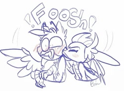 Size: 925x679 | Tagged: safe, artist:g-elric, character:gallus, character:smolder, species:dragon, species:griffon, blushing, cute, female, floating eyebrows, gallabetes, kiss on the cheek, kissing, male, monochrome, onomatopoeia, shipping, sketch, smolderbetes, smollus, spread wings, straight, surprise kiss, surprised, wingboner, wings