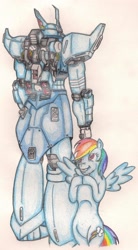 Size: 1046x1898 | Tagged: safe, artist:thegloriesbigj, character:rainbow dash, bipedal, gelgoog, gelgoog jager, grin, gundam, gundam 0080: war in the pocket, hooves together, mobile suit gundam, smiling, spread wings, traditional art, wings